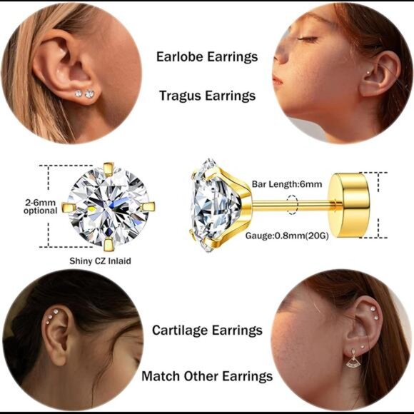 20G Cartilage Earring Stud for Women 316L Surgical Steel Flat Back Earrings Set - Picture 2 of 7